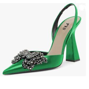 FYS Seagreen Slip on Pointed Toe Pumps Butterfly Crystal Slingback Sandals
